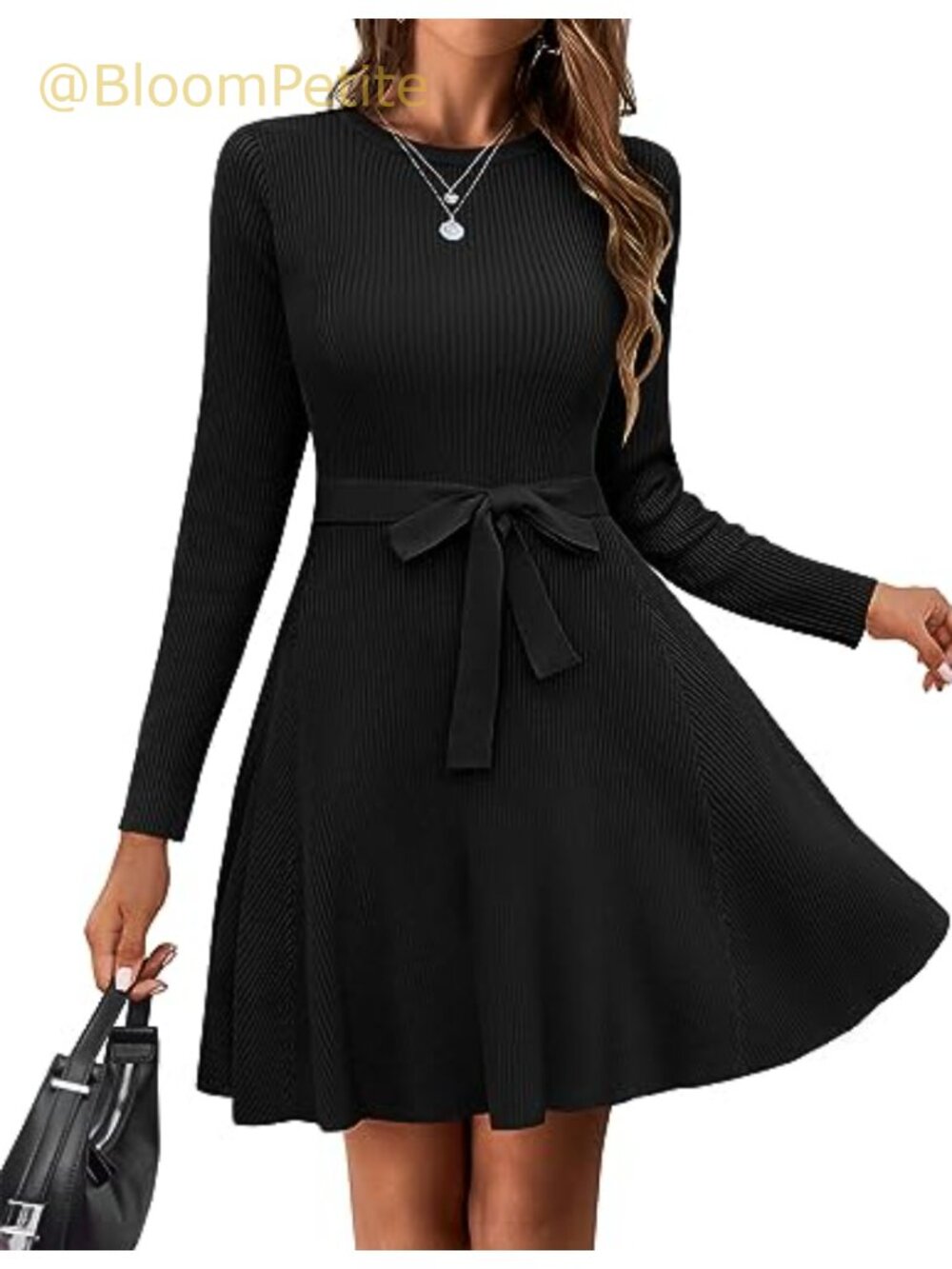 Long Sleeve A-Line Sweater Dress Ribbed Knit Crewneck Tie Waist